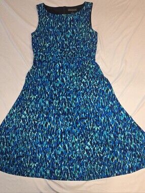 Jessica Howard 12 Blue Green Abstract Womens Swing Dress Sleeveless Dress Zipper